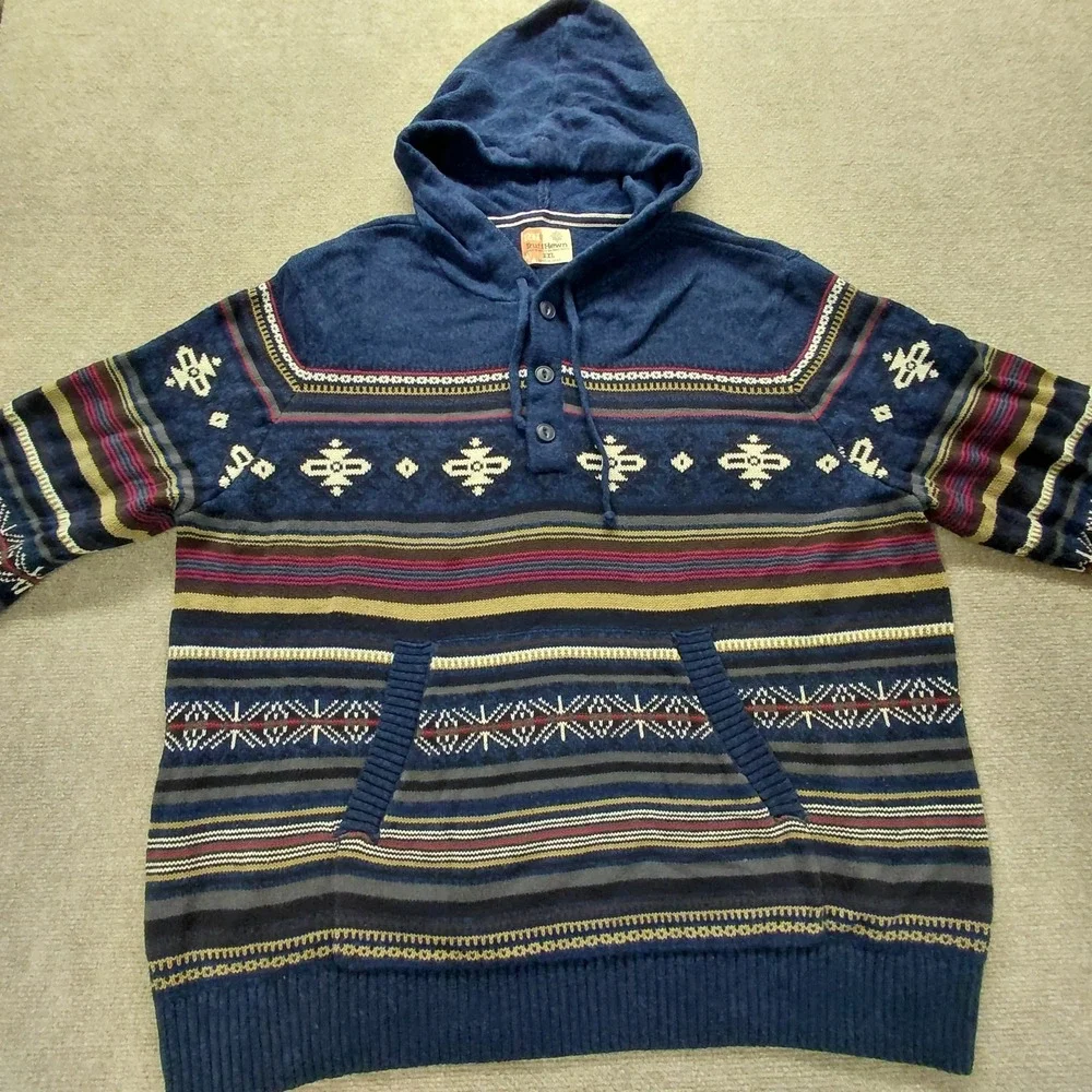 Ruff Hewn Hooded Sweater Fair Isle Knit Men's Size XXL 2XL Knit‎ Pullover Button